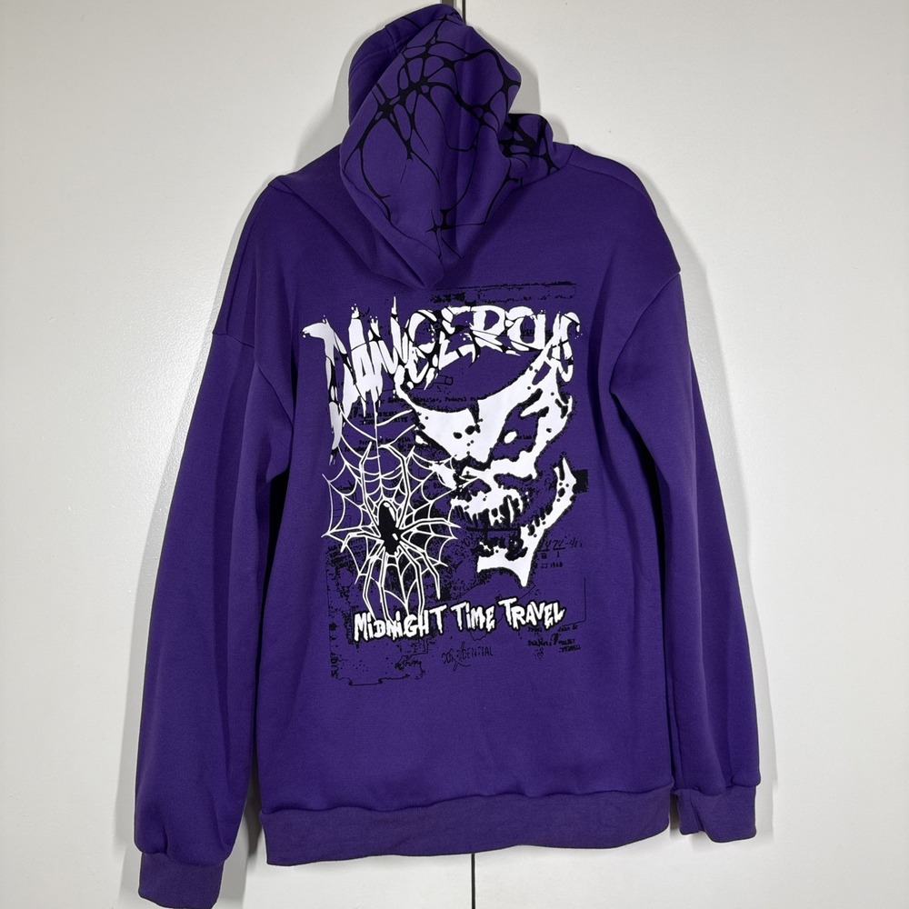 ROMWE Black Purple Graphic Hoodie Men's Sz L Spiderwebs Goth Grunge Skull Emo